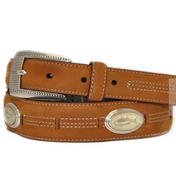 Men's Brighton M40299 Trinidad Deep Sea Taper Belt iaged bark leather NWT sz 34‎